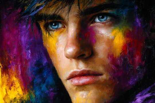 Young man's colorful portrait painting expressing emotion and creativity