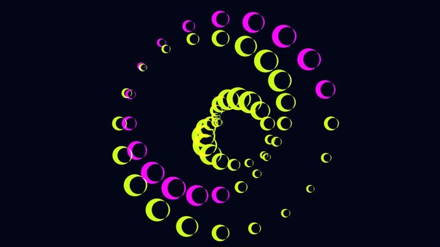 procedural motion of Colorful Glowing Abstract Crescent Moon Spiral Motion Graphic on Dark Background