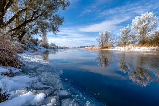 Winter river flowing with frozen ice and snowy trees