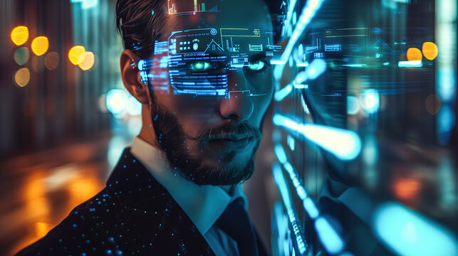 Portrait of a man with glowing digital HUD overlays on his face against a blurred urban background. Concept of augmented reality, artificial intelligence, and future technology.