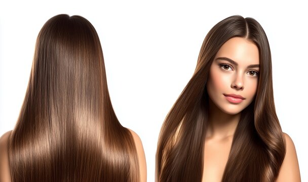 A young model demonstrates smooth, healthy brown hair from two angles on a white background. Concept of professional hair coloring, restoration results, and silky texture.