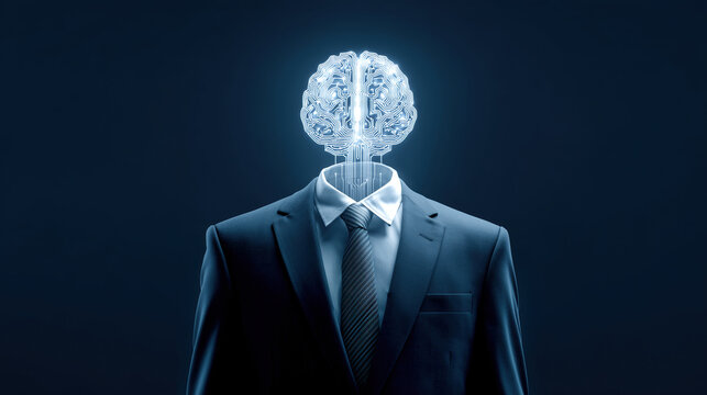 A professional man in a suit with a luminous circuit-board brain hologram. Concept of artificial intelligence in business, digital transformation, and smart leadership.