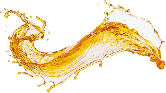 Dynamic golden liquid splash with droplets, isolated on transparent background