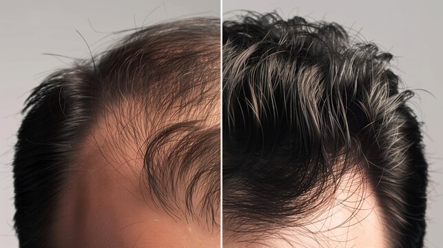 Comparison of thinning hair and thick new growth on a man's scalp. Concept of regained confidence, effective hair loss solution, and scalp health.