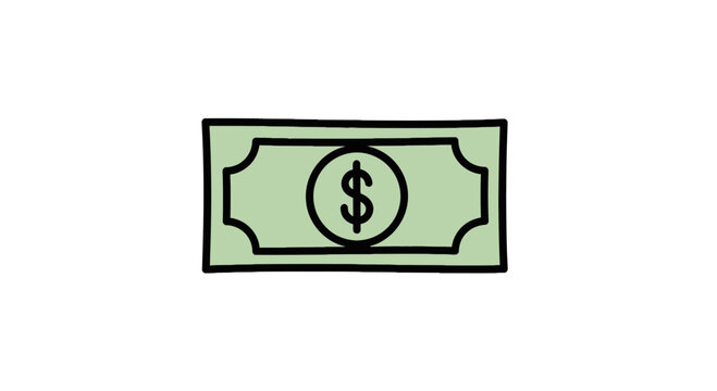 Hand-drawn dollar bill icon, simple illustration of green banknote with dollar sign, isolated on transparent background