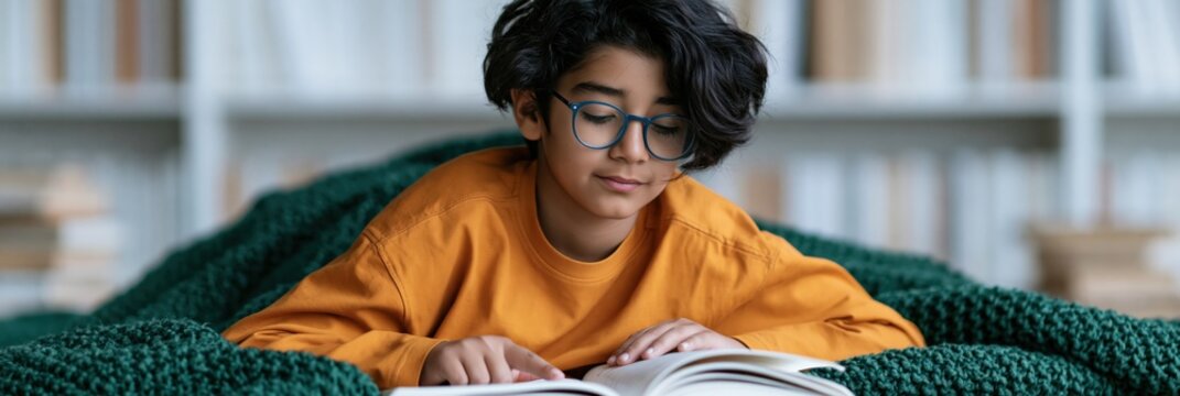 Young reader on knitted green blanket absorbed in open book in library background for learning poster and reading materials design