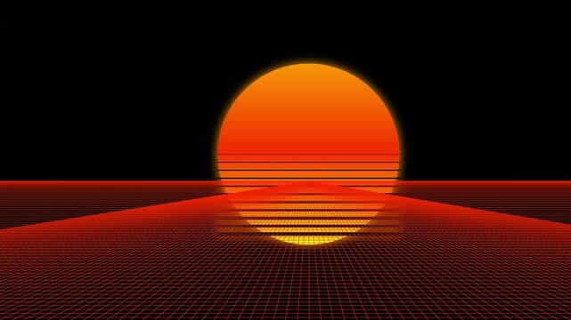 Retro synthwave landscape with glowing red grid and orange sun 4k video