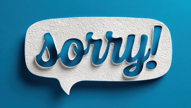 Three-dimensional paper cutout speech bubble with the word sorry on a bright blue background communication expression creative conceptual minimalist typography forgiveness dialogue
