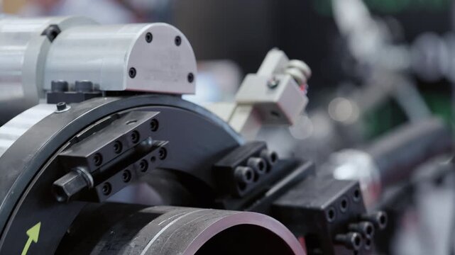 Modern automated tubing cutter operates with steel item in workshop closeup. Sharp rotating wheel scores material at Advanced Manufacturing exhibition