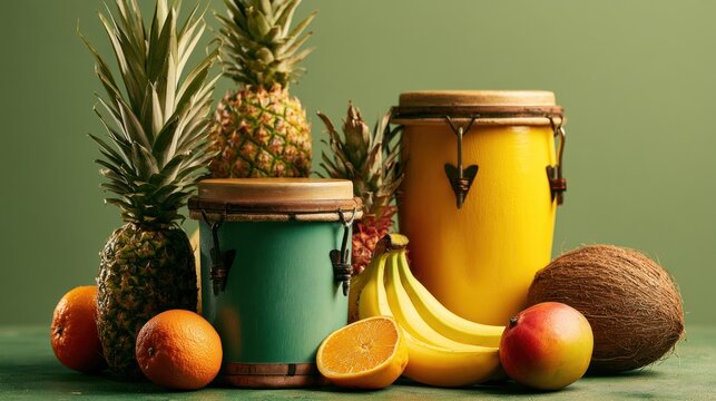 Tropical fruit and percussion instruments still life