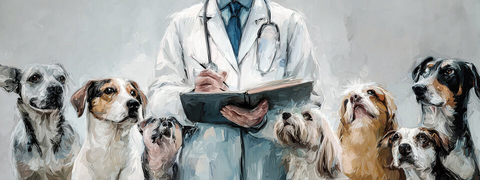 Vet in a lab coat writing in a journal surrounded by diverse dogs. Concept of expert pet healthcare, veterinary medicine, and professional animal services.