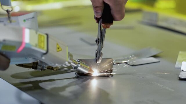 Worker holds metal piece with pliers as welds angle detail on table closeup. Factory employee tests innovative metalwork equipment at industrial exhibition