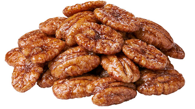 Pile of candied pecans with a glossy sugar coating, isolated on transparent background