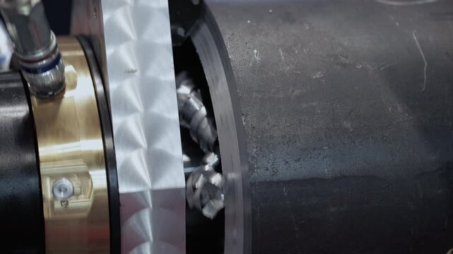 Powerful tubing cutter device slices stainless pipe in factory workshop closeup. Automated machine tool cuts large tube at Advanced Manufacturing exhibition