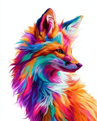 Obraz premium Colorful artistic fox portrait illustration with vibrant colorful fur texture in bright red orange purple cyan hues isolated on pure white background modern pop art animal wildlife artwork