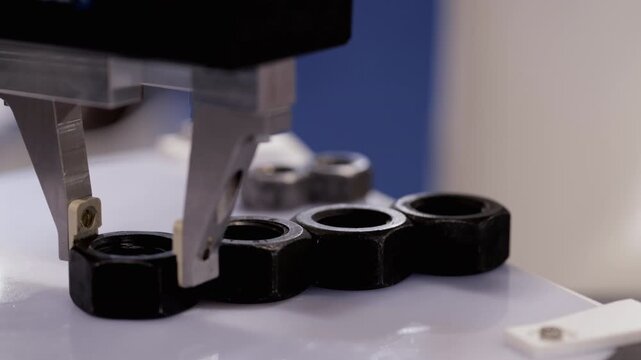 Robot arm places metal screw nut in row on white table closeup. Modern manipulator transports fastening precisely at Advanced Manufacturing exhibition