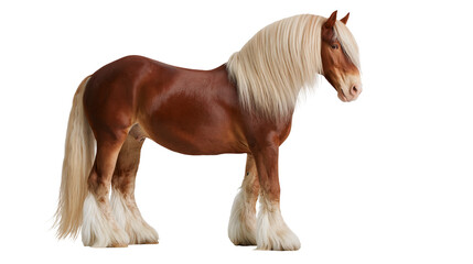 Majestic chestnut shire horse with long blonde mane and tail, isolated on transparent background © Thomas