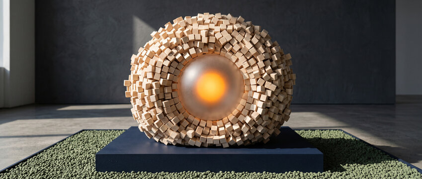 Complex spherical structure made of wooden cubes enclosing a glowing orange core. Abstract physical metaphor for central technology, data protection, or energy source