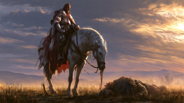 Knight riding white horse mourning fallen soldier at sunset