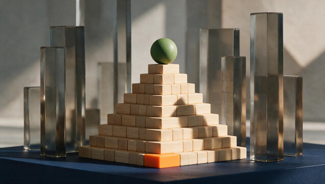 Wooden cube pyramid topped with a green sphere and an orange base block. Physical metaphor of technology architecture and solutions. Geometric structure with transparent pillars