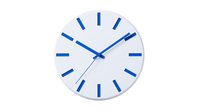 Modern white analog clock with blue hour markers and hands, isolated on transparent background