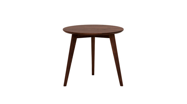Dark wood round side table with three tapered legs, isolated on transparent background