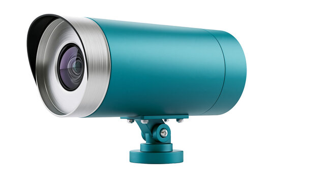 Teal security camera with silver trim and adjustable mount, isolated on transparent background