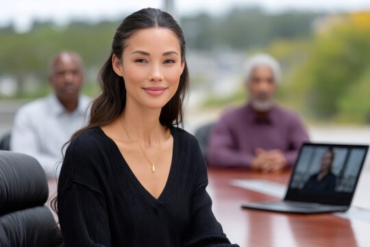 Businesswoman smiling in a diverse hybrid office meeting