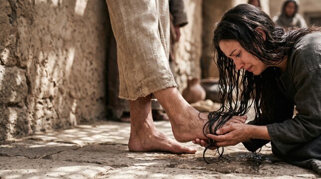Woman kneeling and washing the feet of Jesus with her hair. Biblical scene of devotion and repentance. Faith and humility in historical Judea. Christian tradition and worship concept.