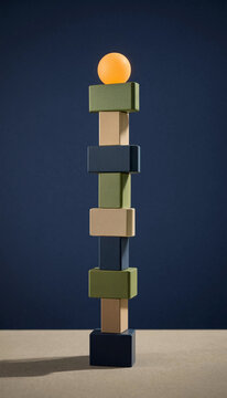 Vertical photo of a tall stack of colorful blocks topped with a glowing orange sphere. Physical metaphor for a technology stack and hierarchical structure