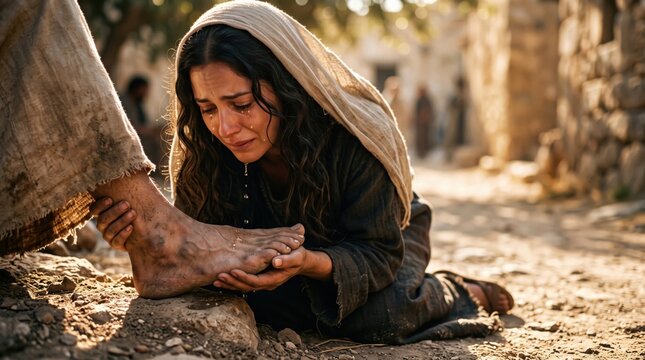 Woman weeping while washing feet of Jesus Christ. Biblical scene of devotion and repentance in ancient Judea. Historical religious narrative of faith, service, and humility in history.