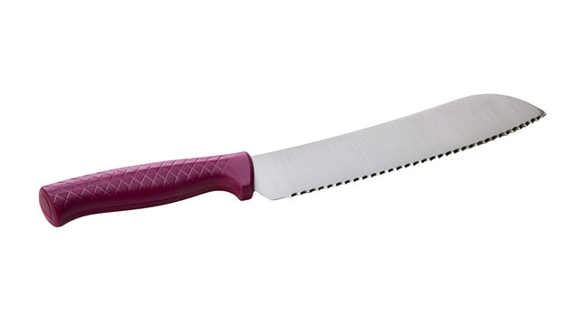 Serrated bread knife with textured purple handle, isolated on transparent background