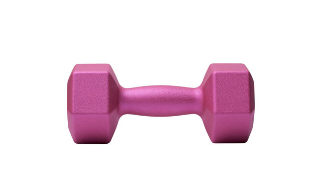 Pink hexagonal dumbbell with textured grip, isolated on transparent background