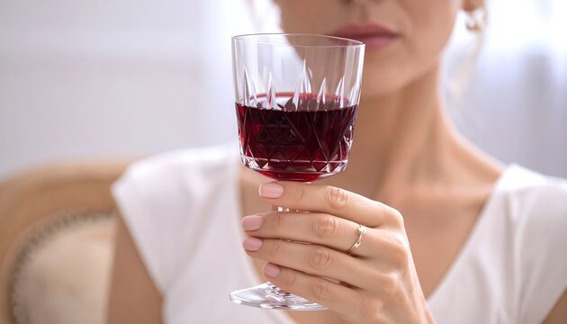 Woman holding a crystal glass of red wine in her hand.