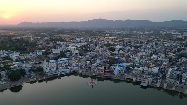 Aerial View of Pushkar Lake and Aravalli Hills in Rajasthan, India