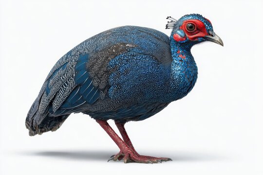 A striking blue-feathered bird with red facial markings stands alert, showcasing its iridescent plumage.