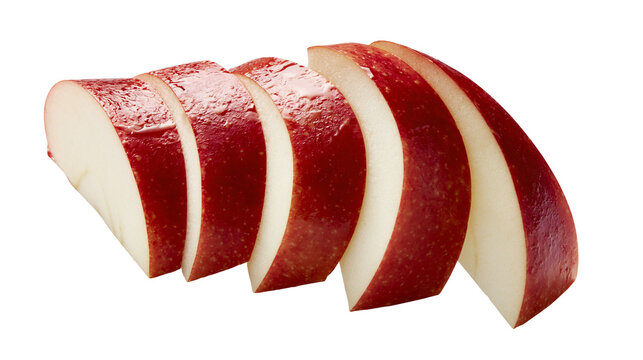 Fresh red apple slices with white flesh, isolated on transparent background