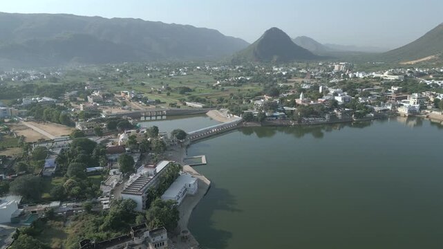Aerial View of Pushkar Lake and Aravalli Hills in Rajasthan, India
