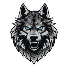 Aggressive growling wolf icon. Wild predator head with blue eyes for t-shirt print and esports logo © Екатерина Шкодяк
