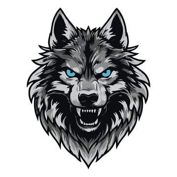 Aggressive growling wolf icon. Wild predator head with blue eyes for t-shirt print and esports logo