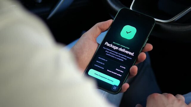 A customer checks a verified package delivery on a smartphone, capturing secure handoff, real-time tracking and the growing demand for transparent last-mile logistics.