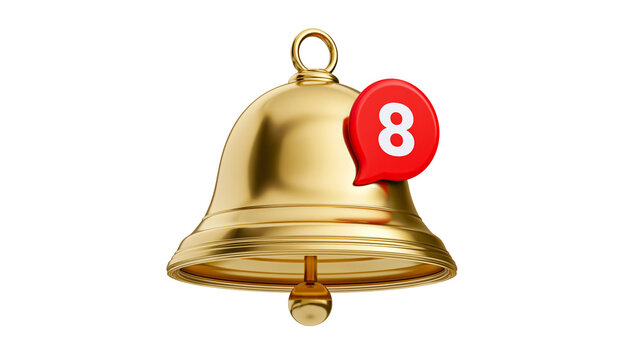 Shiny golden bell with red notification bubble showing number 8, isolated on transparent background