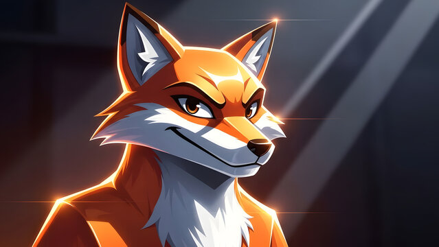 Sly anthropomorphic fox character with mischievous grin, cartoon style, dramatic lighting
