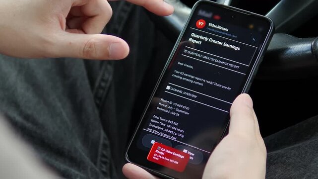 A creator opens a mobile earnings report showing views, watch time and payout data, capturing the expanding creator economy and the business of digital content monetization.