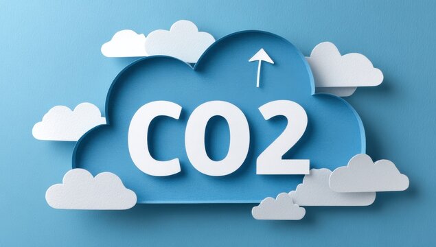 Rising carbon dioxide emissions concept with paper cloud and upward arrow on blue background emissions environment increase sustainability pollution protection atmosphere industry