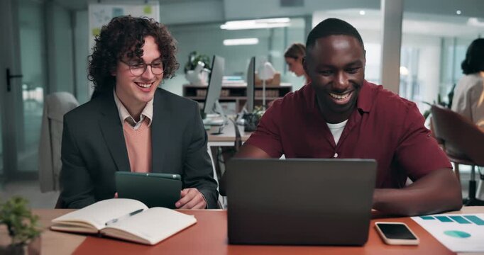 Business people, fist bump and team with report and laptop for intern in creative startup. Coworking, success or manager with tech for learning, celebration or event coordinator on tablet for notes