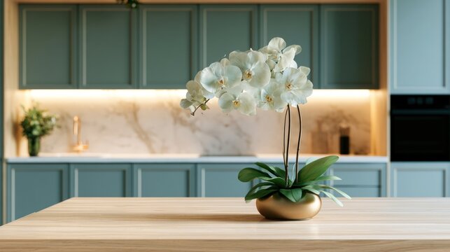 Interior scene with potted orchid on wooden surface