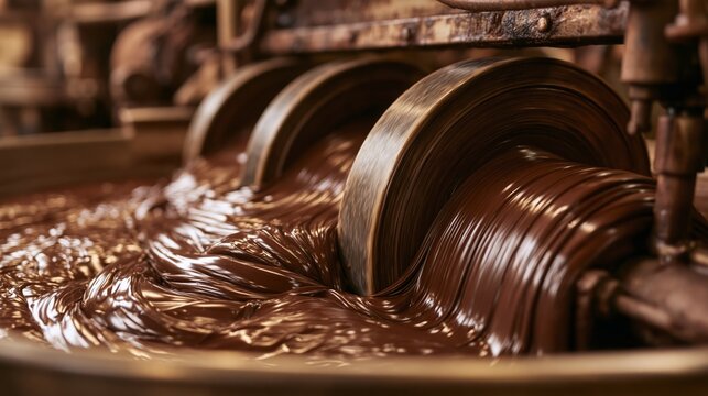 Chocolate conching machine with rollers churning liquid chocolate in sharp focus and a blurred production facility behind. Concept of chocolate making.