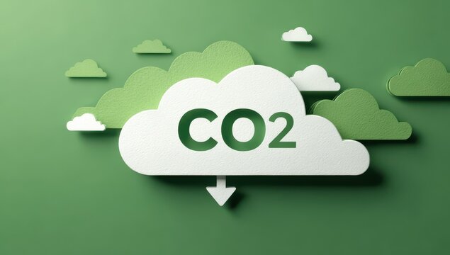 Carbon dioxide emission reduction concept using paper clouds on green background with emissions reduction environment downward sustainability pollution protection conservation