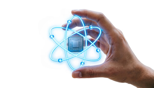 A close-up of a hand holding a glowing blue-neon atom model with an AI microchip at the center nucleus, on a white background.